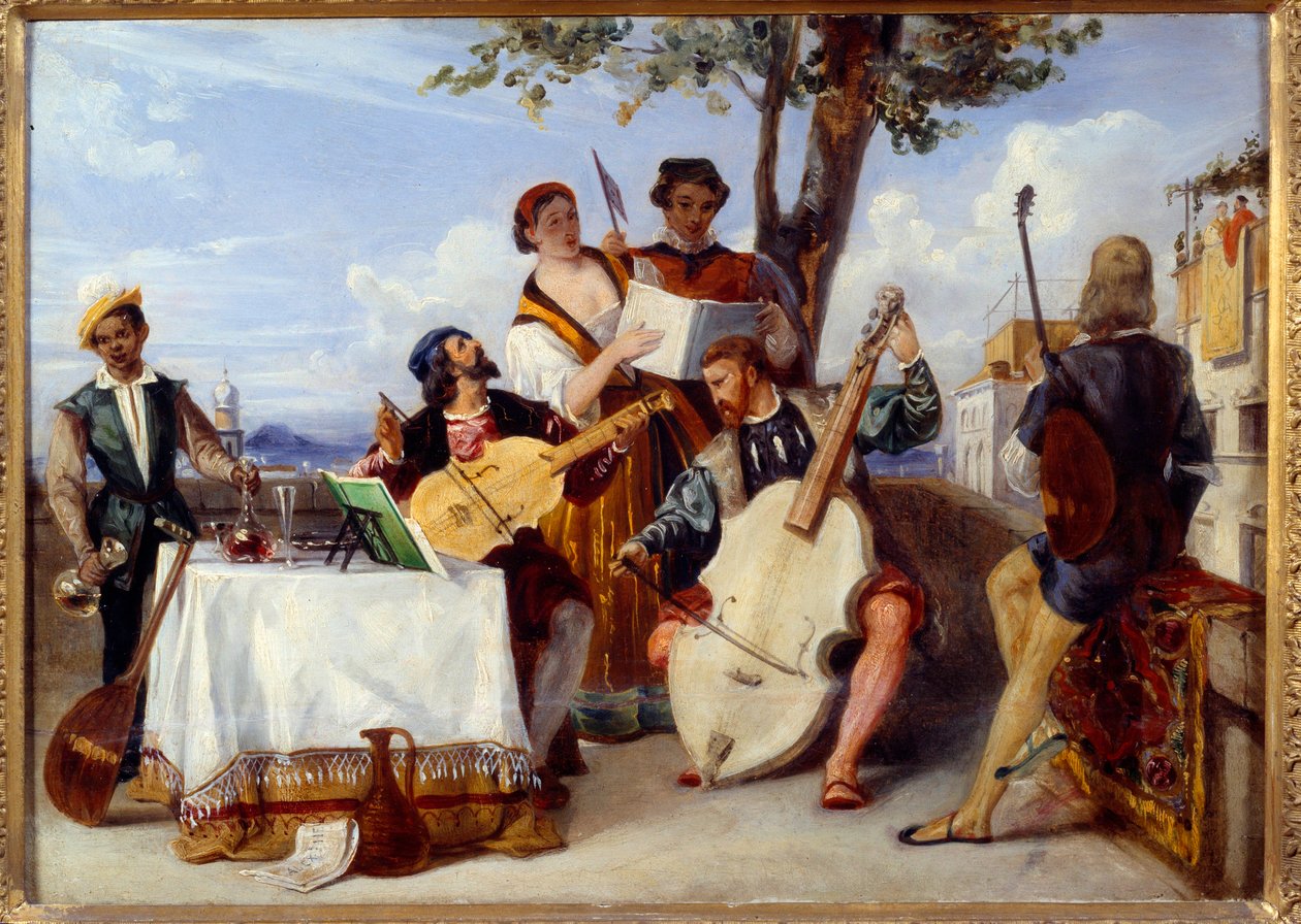 Le Concert Vénitien. Musiciens (violoncelle, luth, violon) et chanteurs sur une terrasse servis par un serviteur noir. Peinture d