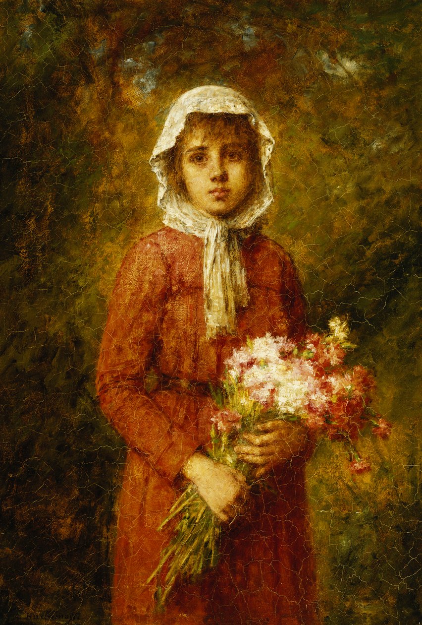 Une jeune fille tenant un bouquet de fleurs | Estampe d'art