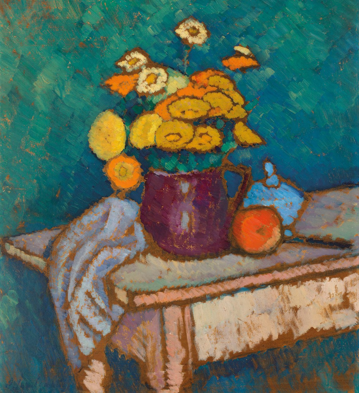 Nature morte avec tissu, fleurs dans un pichet et pomme, 1909-1910 - Alexei Javlensky von