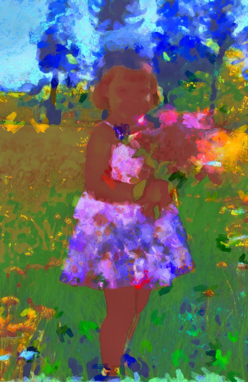 Fille avec un bouquet dans le jardin,2020,(mixed media) - Alexei Makhov