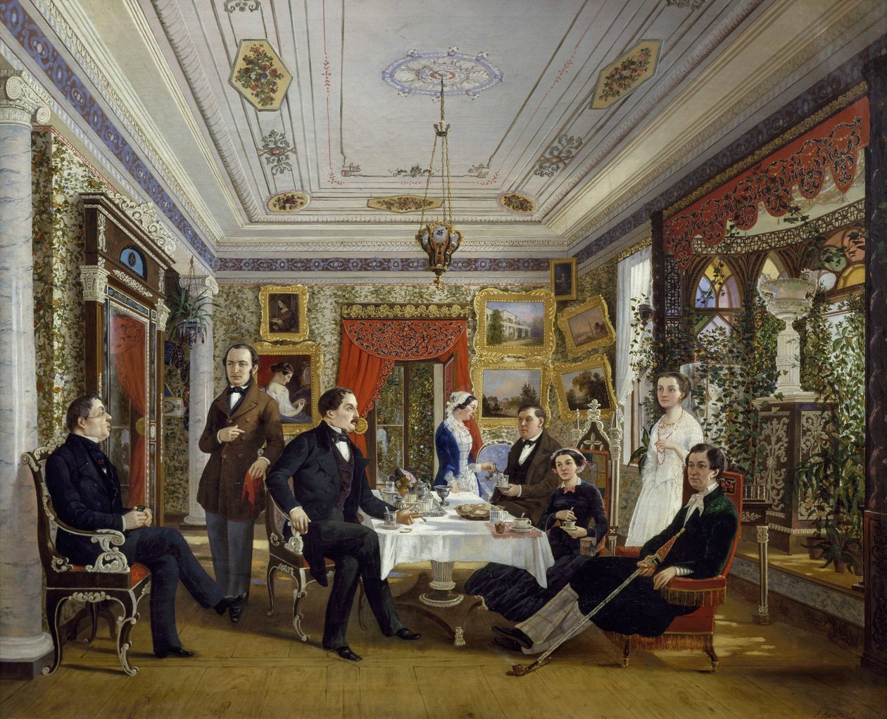 La famille Tarnovskj buvant du thé à table - Alexei Yakovlevich Voloskov