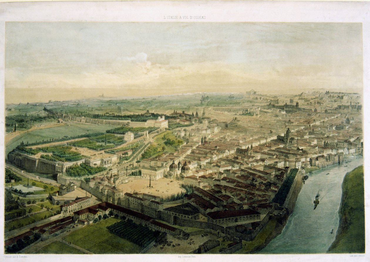 Vue de Rome sur la Porta del Popolo, lithographie de J. Arnout - Alfred Guesdon