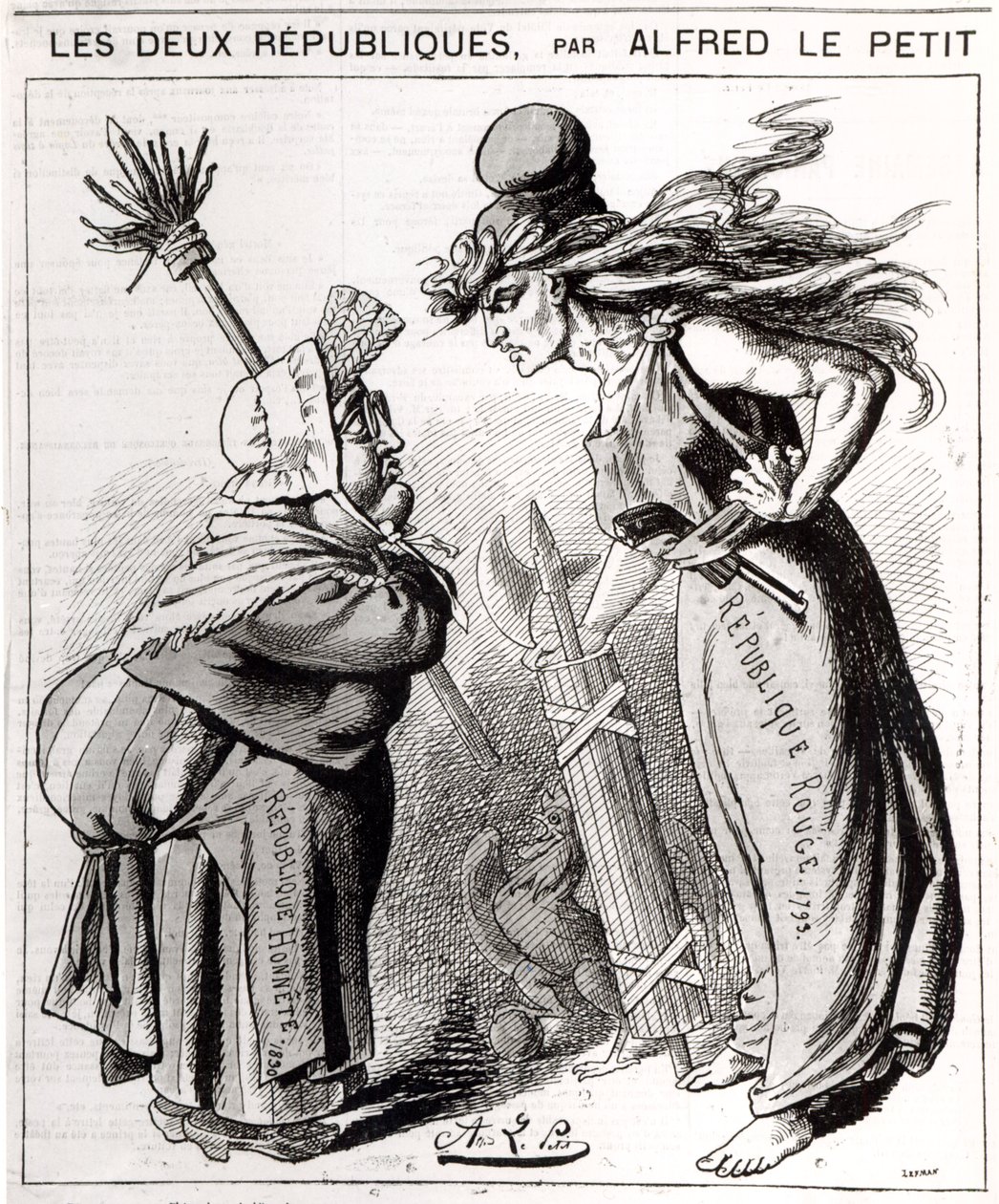 Caricature représentant la République sociale française contre la République conservatrice française de 