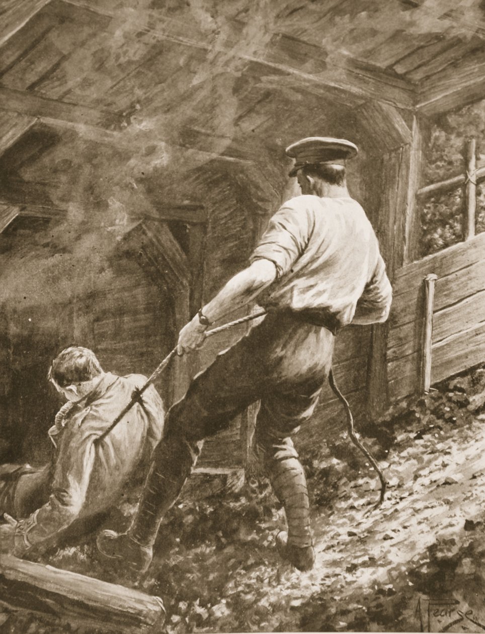 Le caporal Clapson traînant un officier, qui avait été gazé, hors d