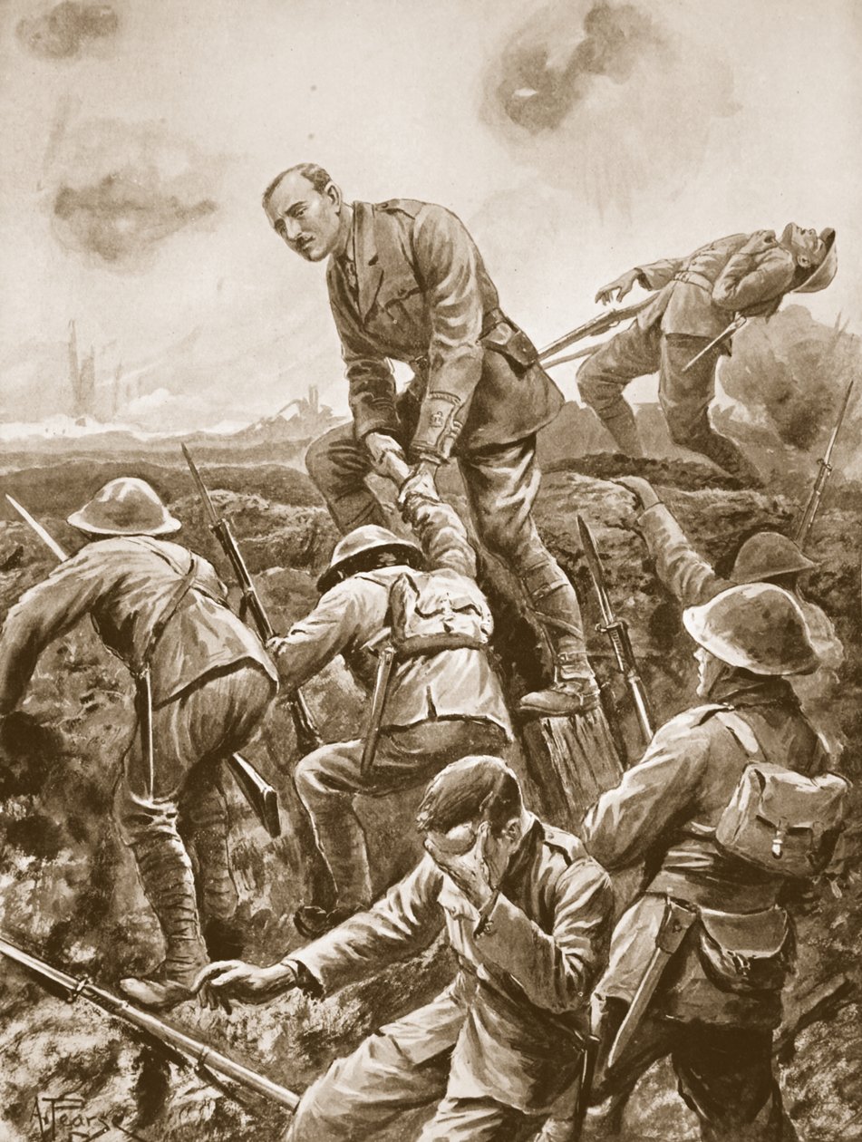 Le major temporaire S.W. Loudoun-Shand aidant des hommes à franchir le parapet sous un feu de mitrailleuses très intense - Alfred Pearse