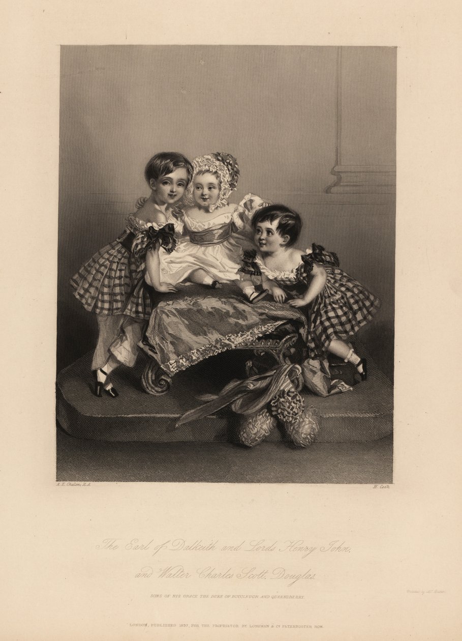 Comte de Dalkeith (William Henry), Henry John et Walter Charles Scott Douglas, fils du 5e duc de Buccleuch, 7e duc de Queensberry. Deux fils portent des robes en tartan avec des rubans, le plus jeune porte un bonnet et une robe en satin. Gravure en acier p - Alfred Edward (after) Chalon