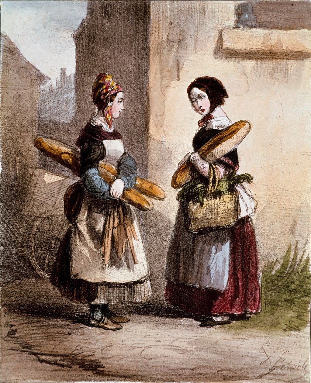 Petits métiers : la boulangerie. Jeune marchand de pain ambulant. Gravure par Alfred Andre Geniole de « Les femmes de Paris » 1841-1842 Paris, Musée Carnavalet - Alfred Andre Geniole
