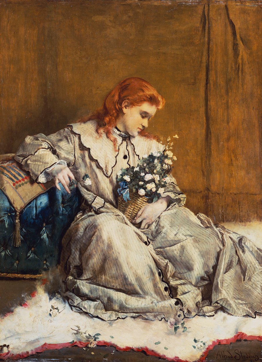Rêverie, jeune fille rousse avec ottomane bleue - Alfred Emile Stevens