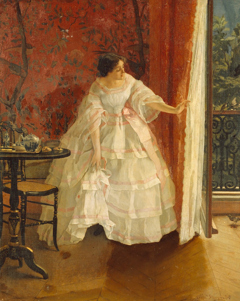 Dame à une fenêtre nourrissant des oiseaux, vers 1859 - Alfred Emile Stevens