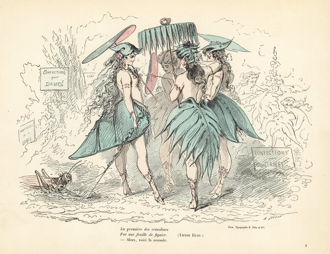 Femmes vêtues uniquement de robes en feuilles de figuier et de chapeaux, tenant des feuilles - Alfred Grevin