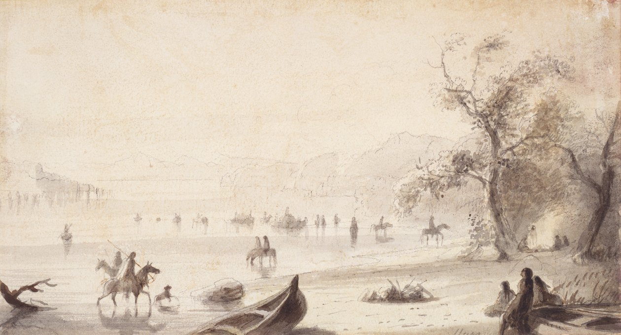 Navigation de taureaux à travers la Platte, c.1837 - Alfred Jacob Miller