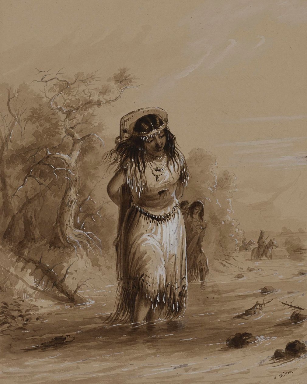 Une petite Indienne portant son bébé dans un porte-bébé traverse un ruisseau - Alfred Jacob Miller
