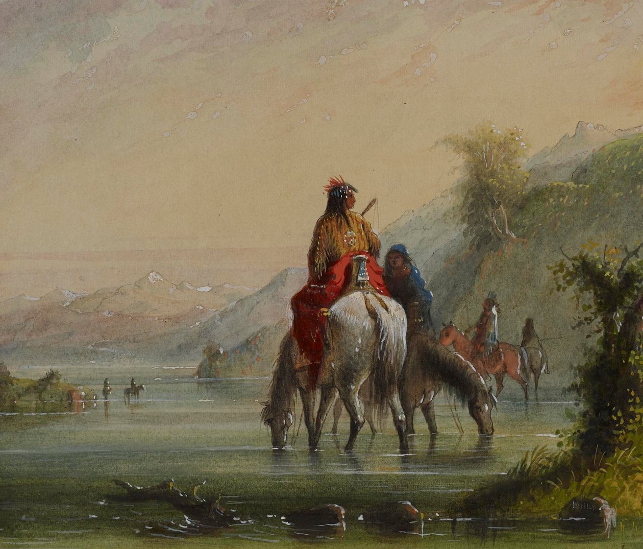 Jeunes filles indiennes abreuvant des chevaux (rivière Eau Sucre) - Alfred Jacob Miller