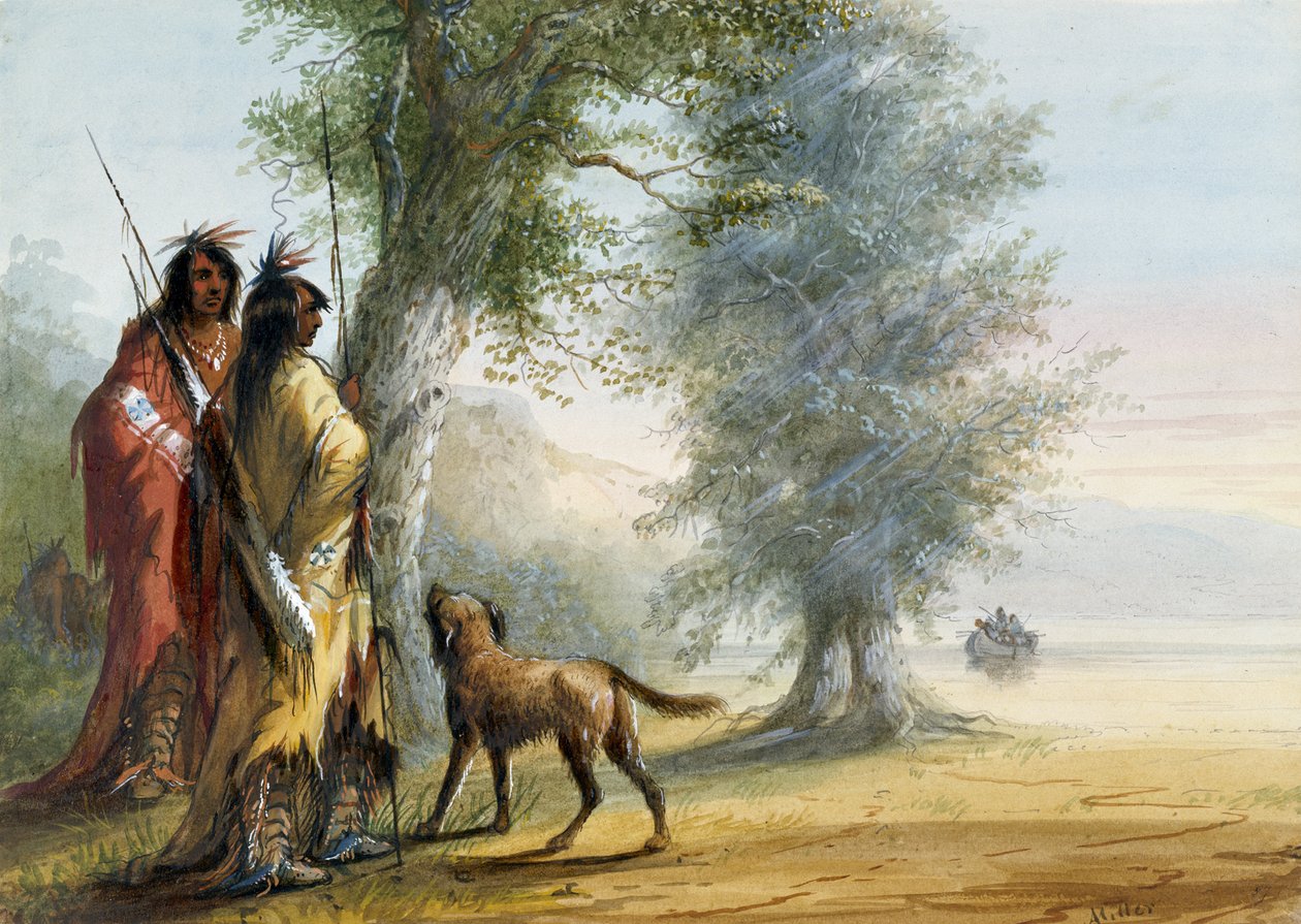 Des Indiens observant un canoë - Alfred Jacob Miller