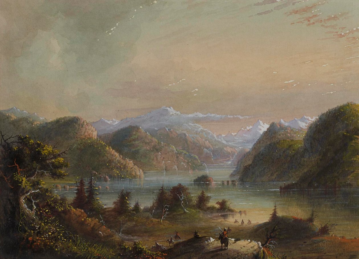 Scène lacustre avec la montagne de la rivière - Alfred Jacob Miller