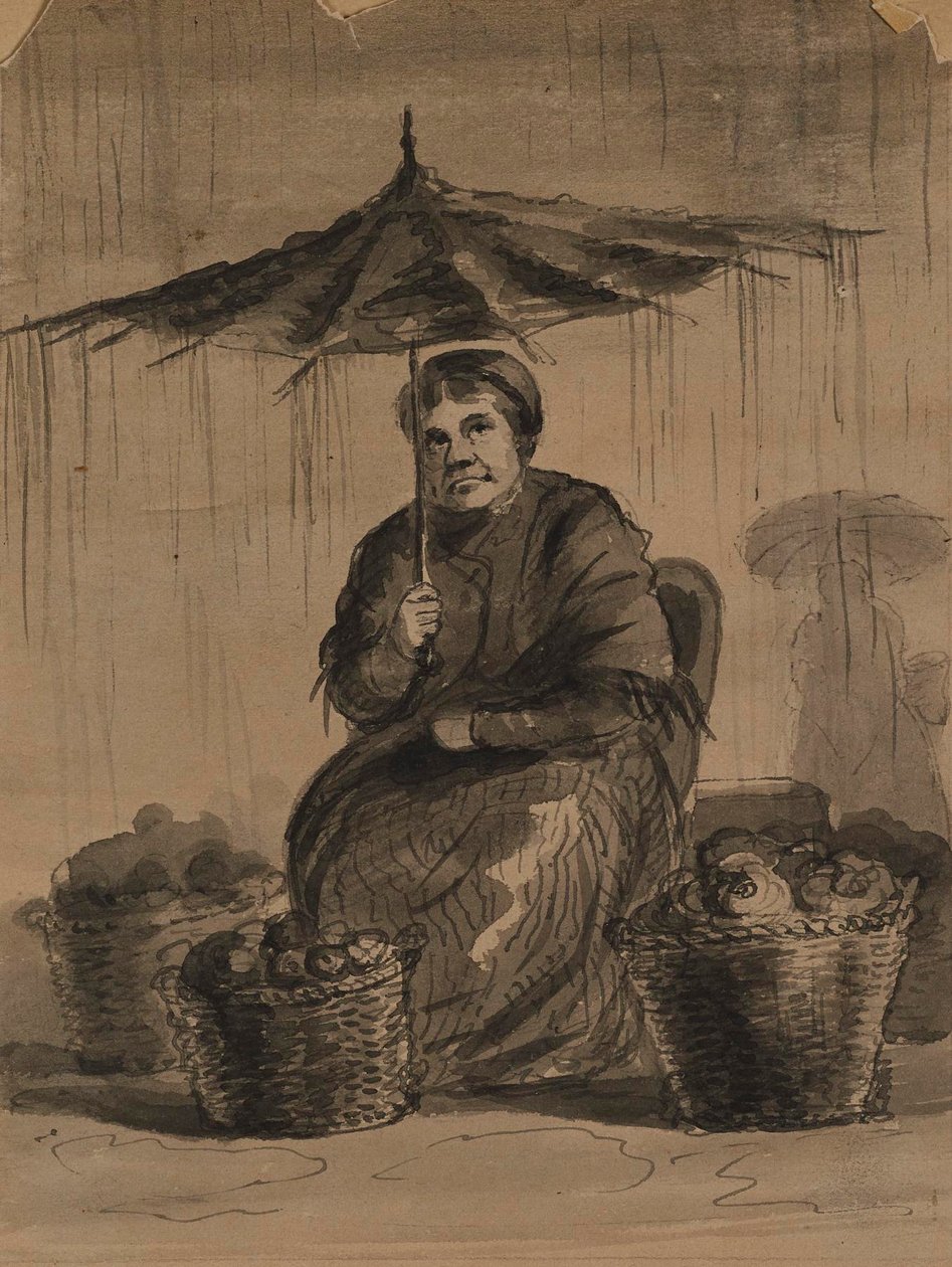 Femme sous un parapluie dans un marché - Alfred Jacob Miller