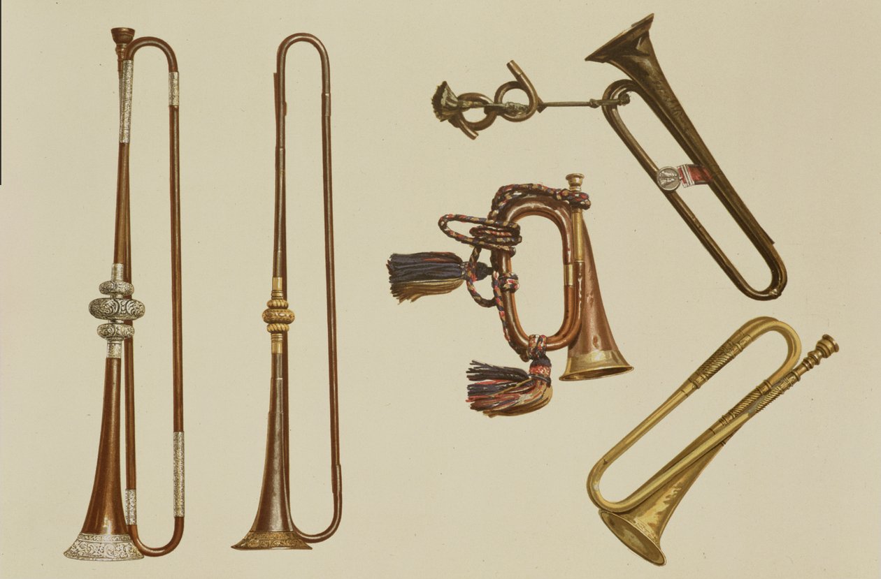 Trompette de cavalerie, un clairon, une trompette dorée fabriquée par John Harris vers 1730, une trompette et une trompette à monture en argent par William Ball vers 1680, de 