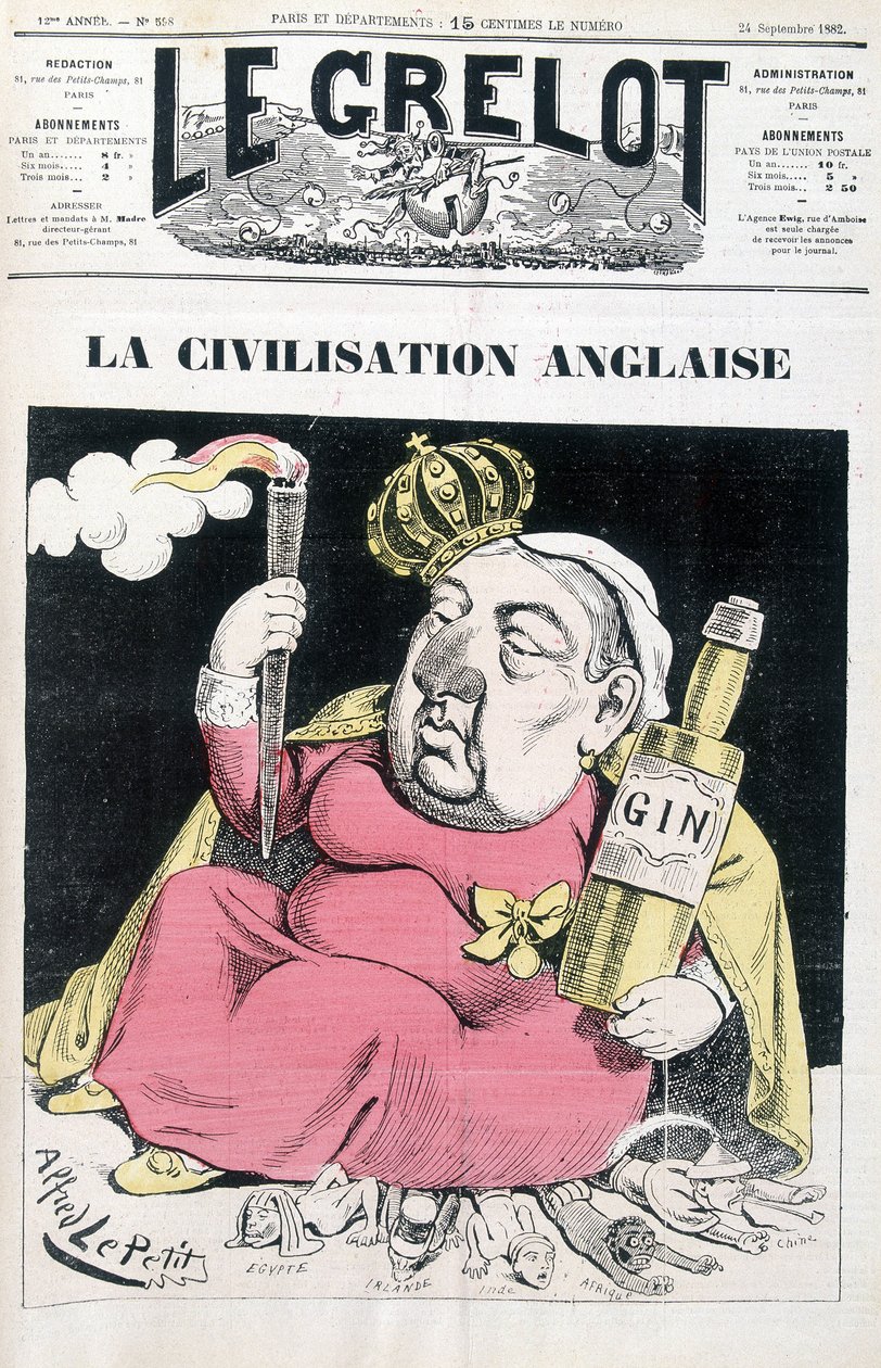 Civilisation anglaise : Victoria, une bouteille de gin à la main, assise sur l