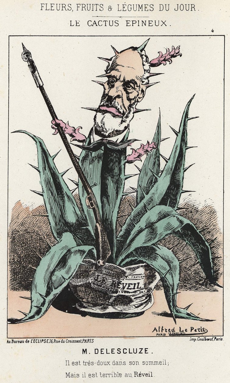 Le Cactus Spineux: Caricature de Louis Charles Delescluze (1809 - 1871) - ill. du 16/01/1871 dans "Fleurs, Fruits et Légumes du Jour" - Alfred Le Petit