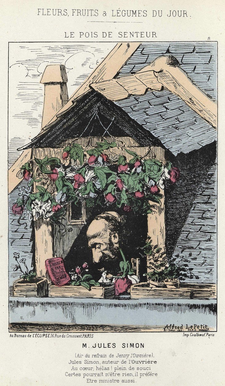 Le Pays de la Fragrance : caricature de Jules Simon (1814 - 1896) - ill. du 12/01/187 dans « Fleurs, Fruits et Légumes du Jour » - Alfred Le Petit