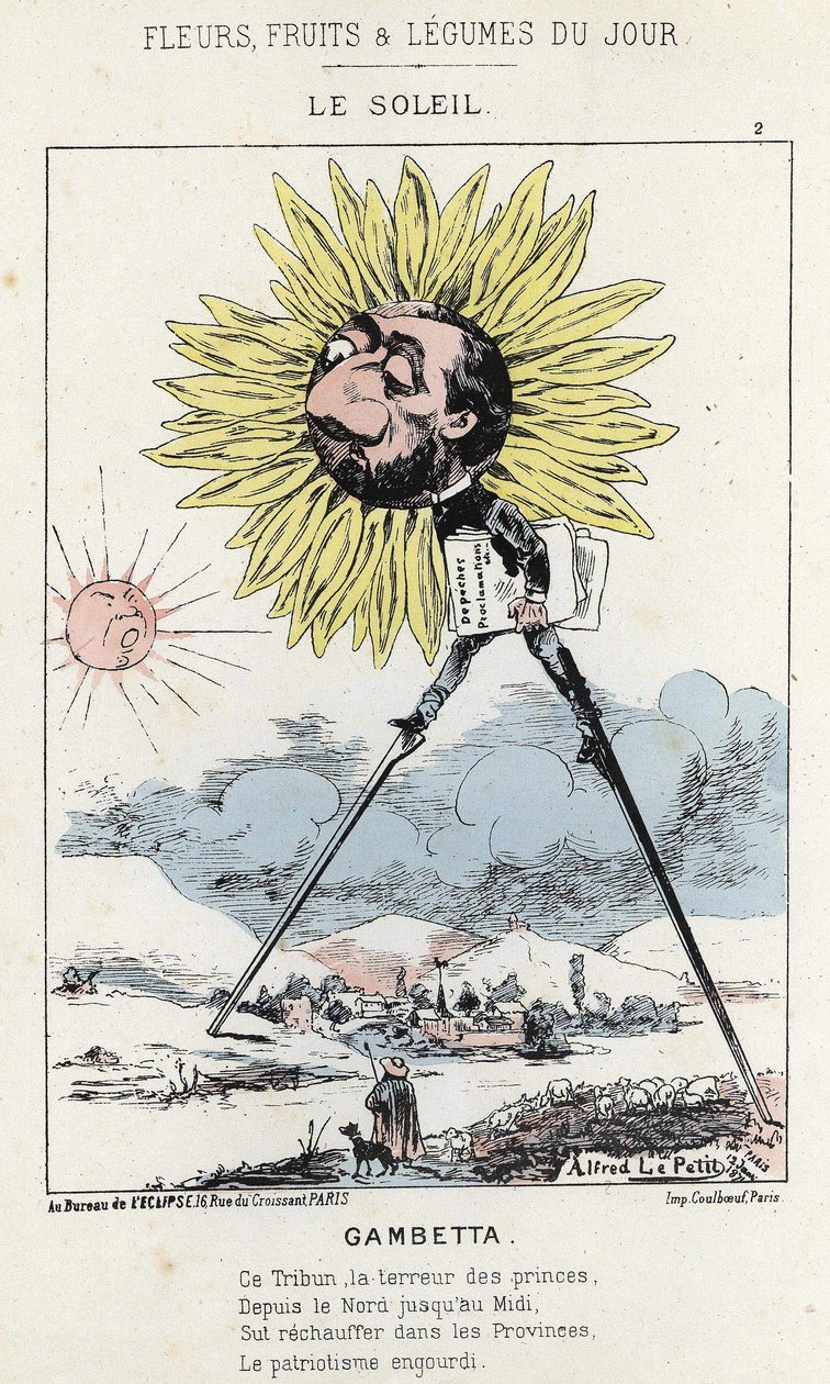 Le Soleil (tournesol) : caricature sur Gambetta (1838 - 1882) - ill. du 12/01/1871 dans « Fleurs, Fruits et Légumes du Jour » - Alfred Le Petit
