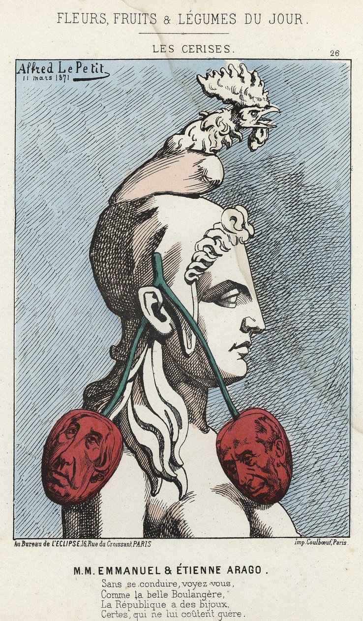 Les Cerises : caricature sur MM Emmanuel et Étienne Arago - ill. du 11/03/1871 dans « Fleurs, Fruits et Légumes du Jour » - Alfred Le Petit