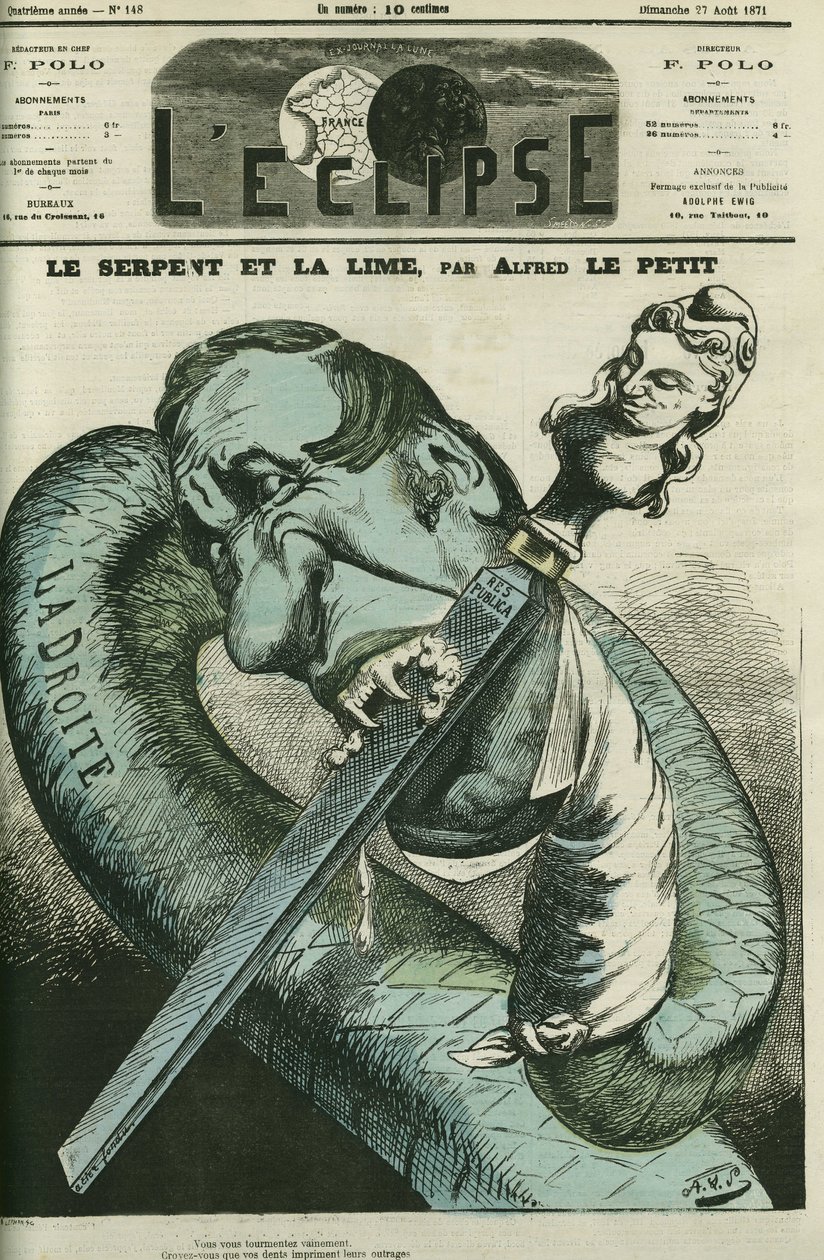Le serpent et la lime, le serpent de droite lime ses dents sur la République. Couverture de « L