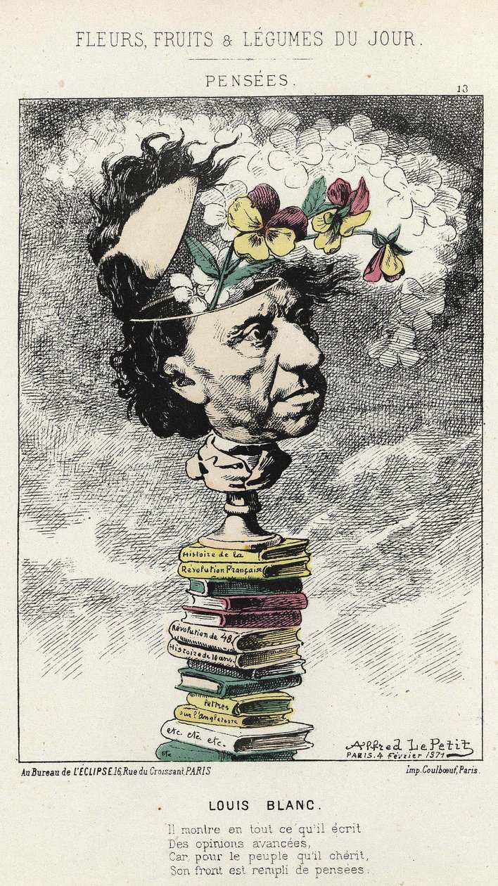 Pensées : Caricature sur Louis Blanc - ill. du 04/02/1871 dans « Fleurs, Fruits et Légumes du Jour » - Alfred Le Petit