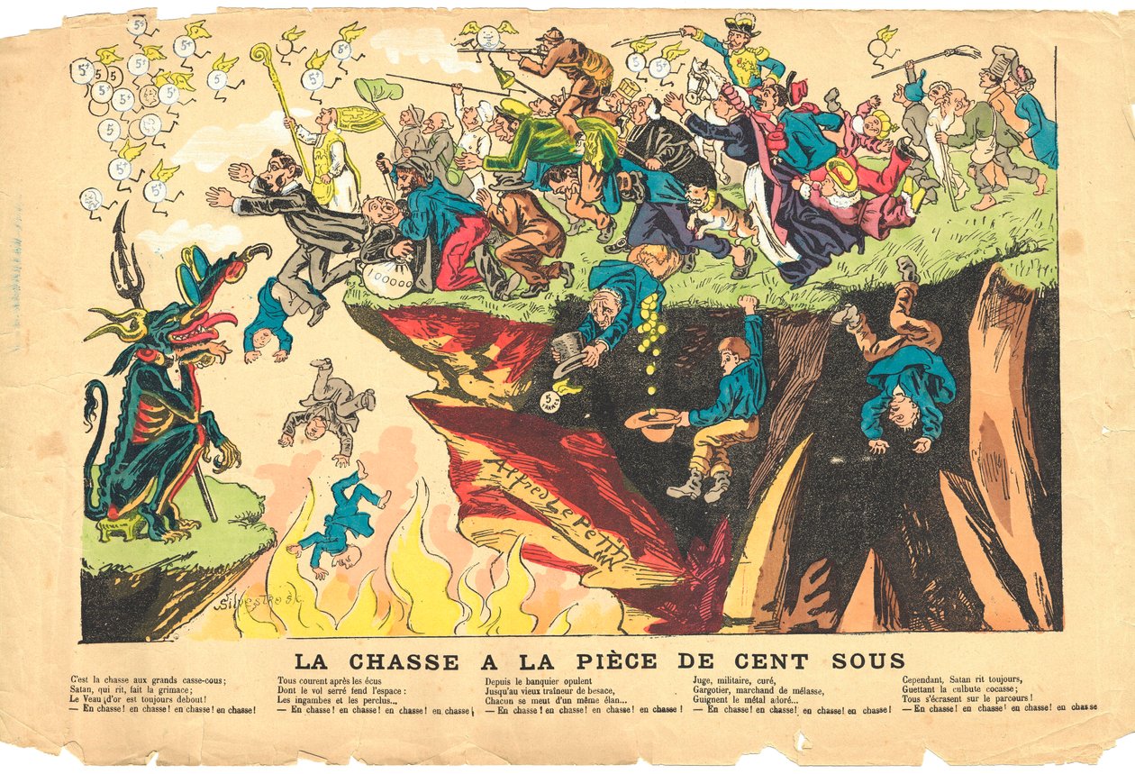 Feuille volante, satirique en couleurs, vers 1878 : Chasse à cent sous - Argent - Diable, Cures Illustration par Alfred Le Petit (1841-1909) - Alfred Le Petit