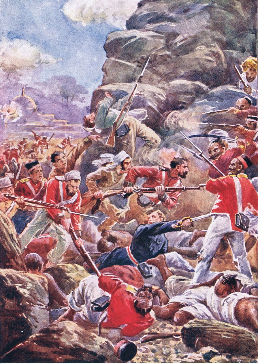 Le siège de Delhi : Assaut de la brèche, illustration de British Battles on Land and Sea, 1915 - Alfred Pearse