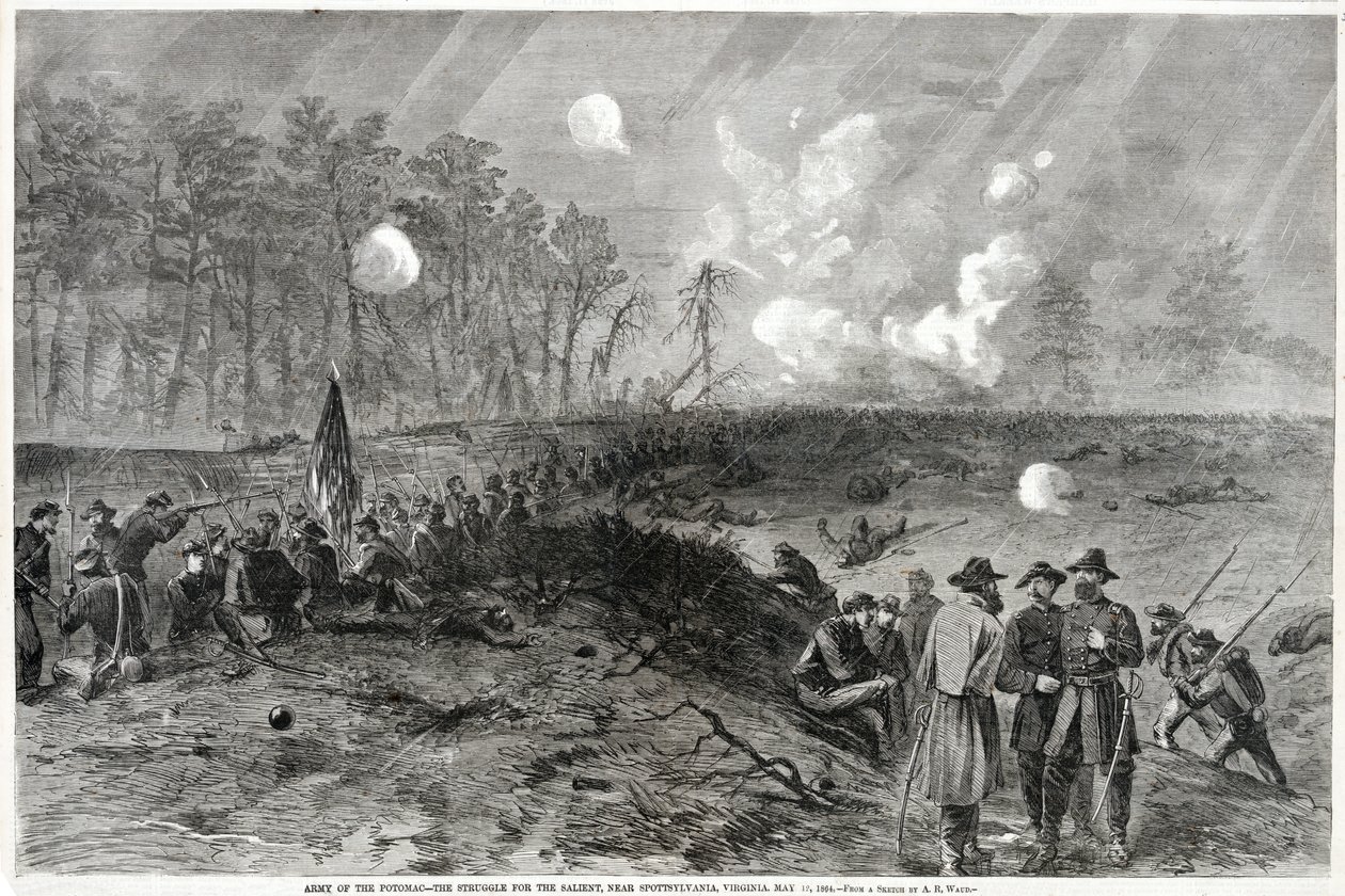 Armée du Potomac - La lutte pour le saillant, près de Spottsylvania, Virginie. 12 mai 1864, de Harpers Weekly, pub. 1864 - Alfred Rudolph Waud