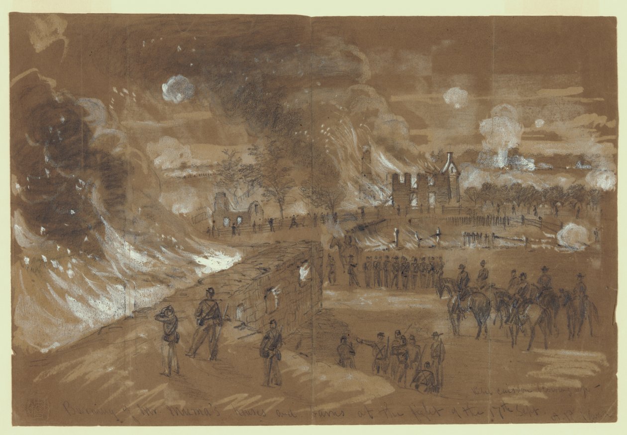 Incendie des maisons et granges de M. Muma lors du combat du 17 septembre - Alfred Rudolph Waud
