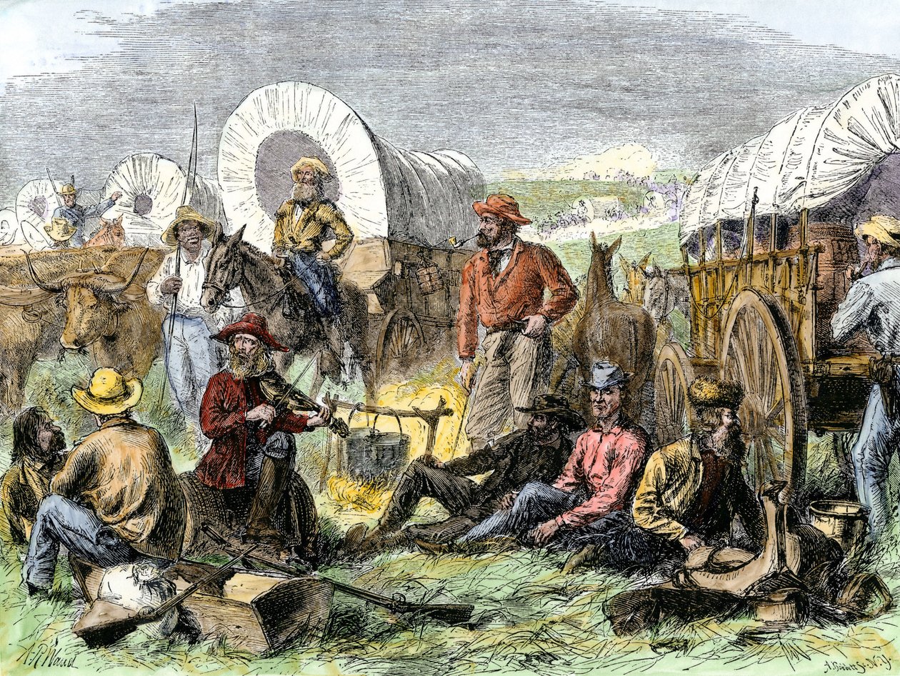 Histoire des colons de West Conquete : Pionniers américains. Camp de voyageurs au Tombeau de la Nuit près de Diligences, États-Unis. Gravure colorée du 19e siècle. - Alfred Rudolph Waud