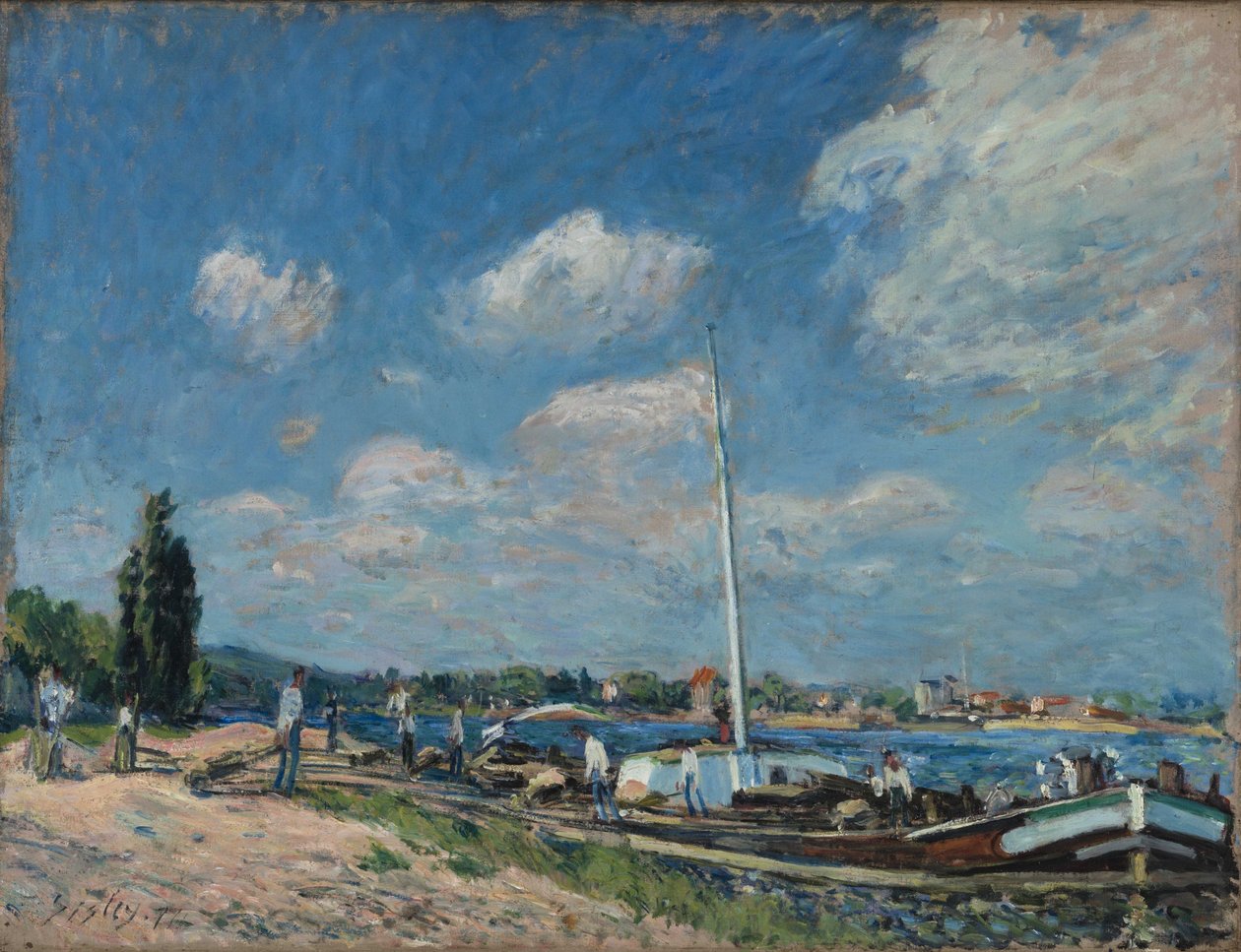 French: Déchargement des péniches à Billancourt - Alfred Sisley