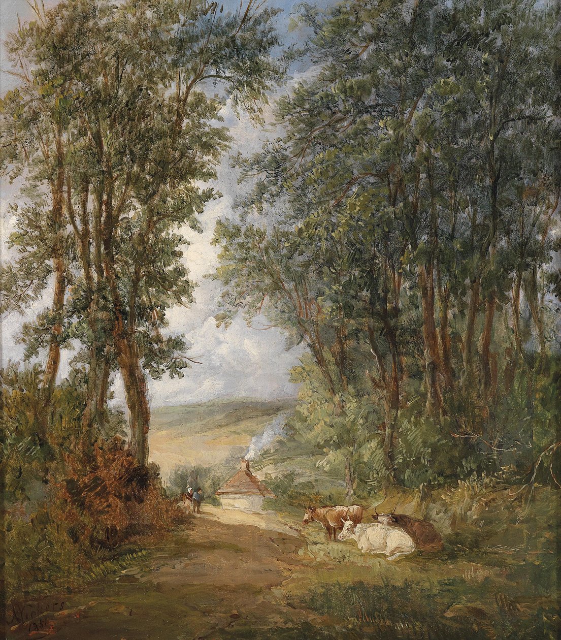 French : Paysage forestier avec des vaches au repos au premier plan - Alfred Vickers