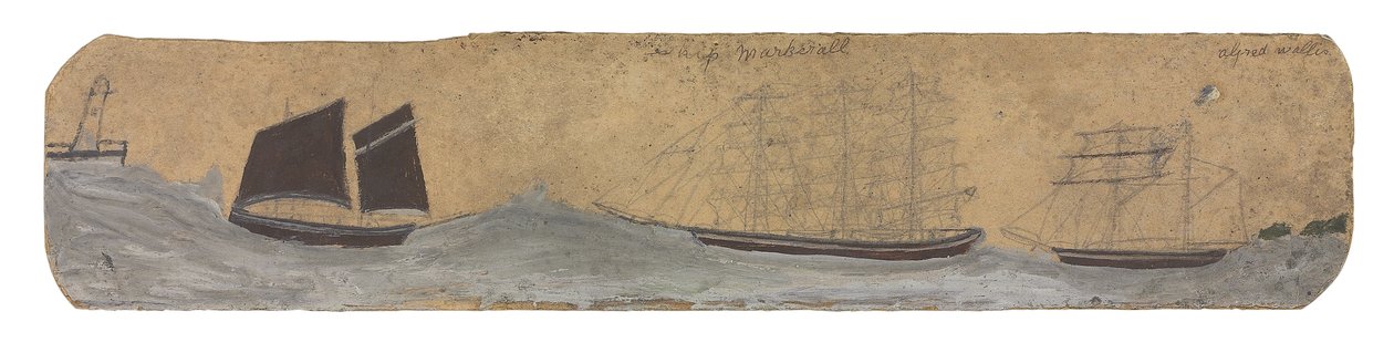 Lougre et deux petits voiliers approchant du port, vers 1855-1942 (huile et crayon sur carton) - Alfred Wallis