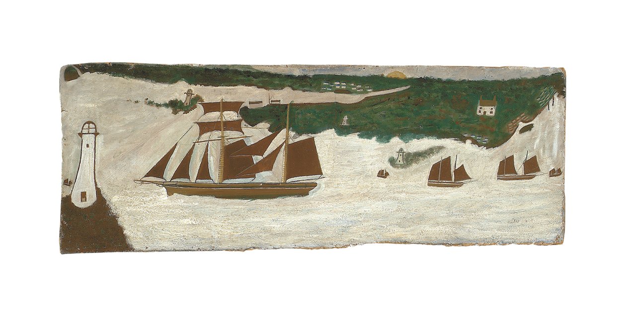 Goélette passant devant un phare, vers 1855-1942 (huile sur carton) - Alfred Wallis
