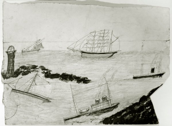 Trois voiliers, deux navires à vapeur et le phare de Godrevy, c.1935-38 - Alfred Wallis