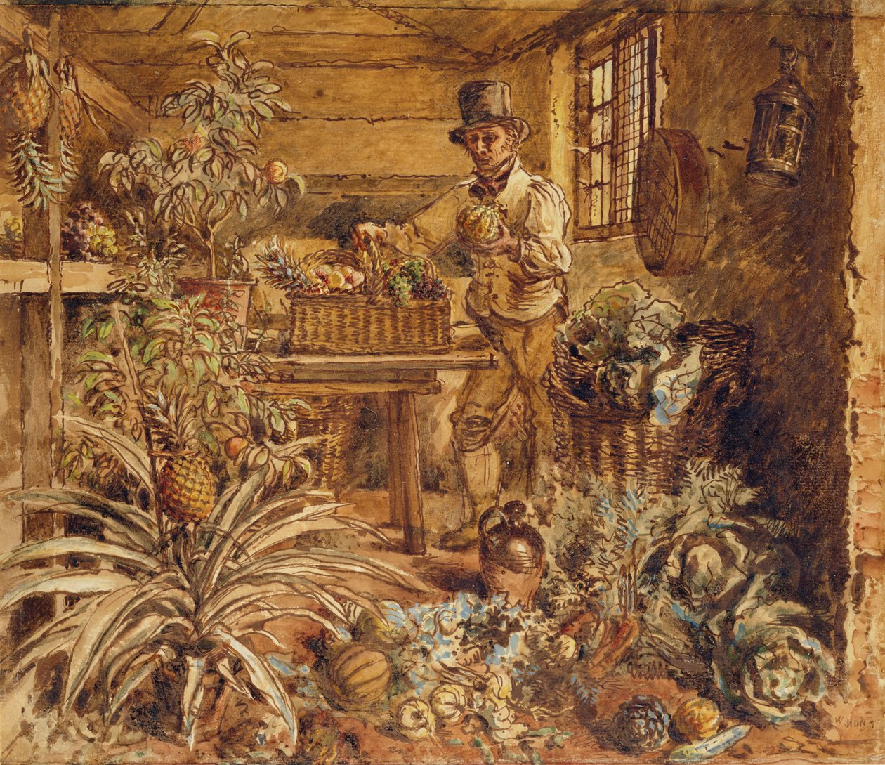 Un jardinier dans une serre avec des ananas et divers légumes - Alfred William Hunt