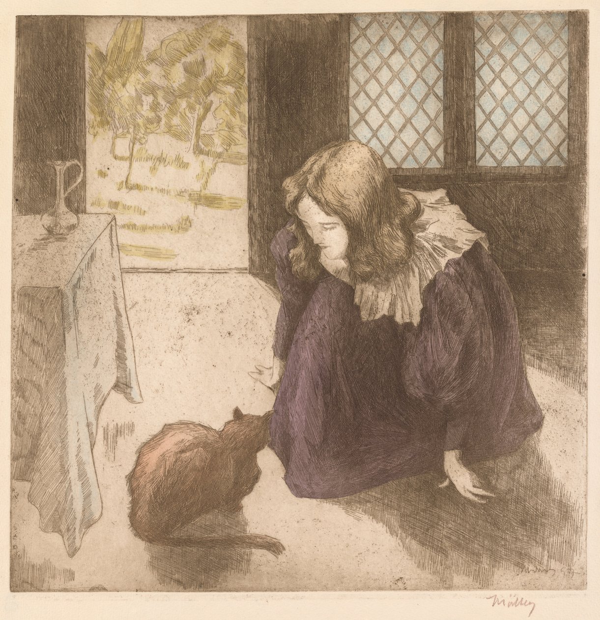Intérieur, Petite fille avec chat (La Petite fille au chat) - Alfredo Müller