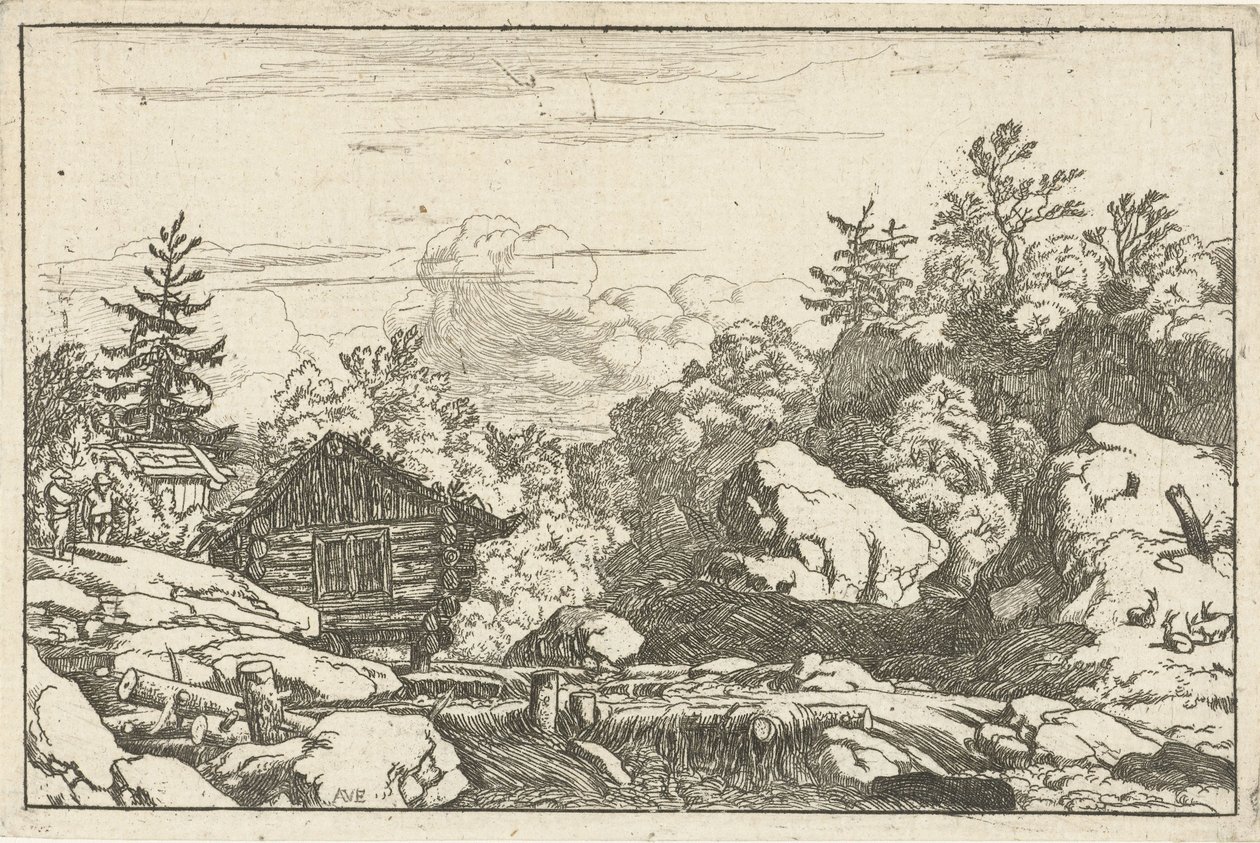 Paysage avec cabane près d