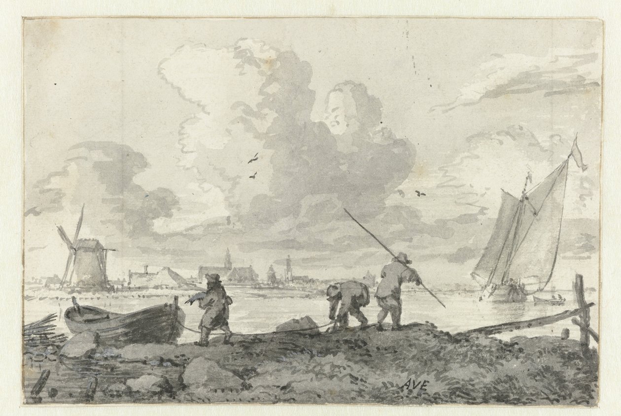 Pêcheurs avec leur barque sur la Spaarne près de Haarlem - Allaert van Everdingen