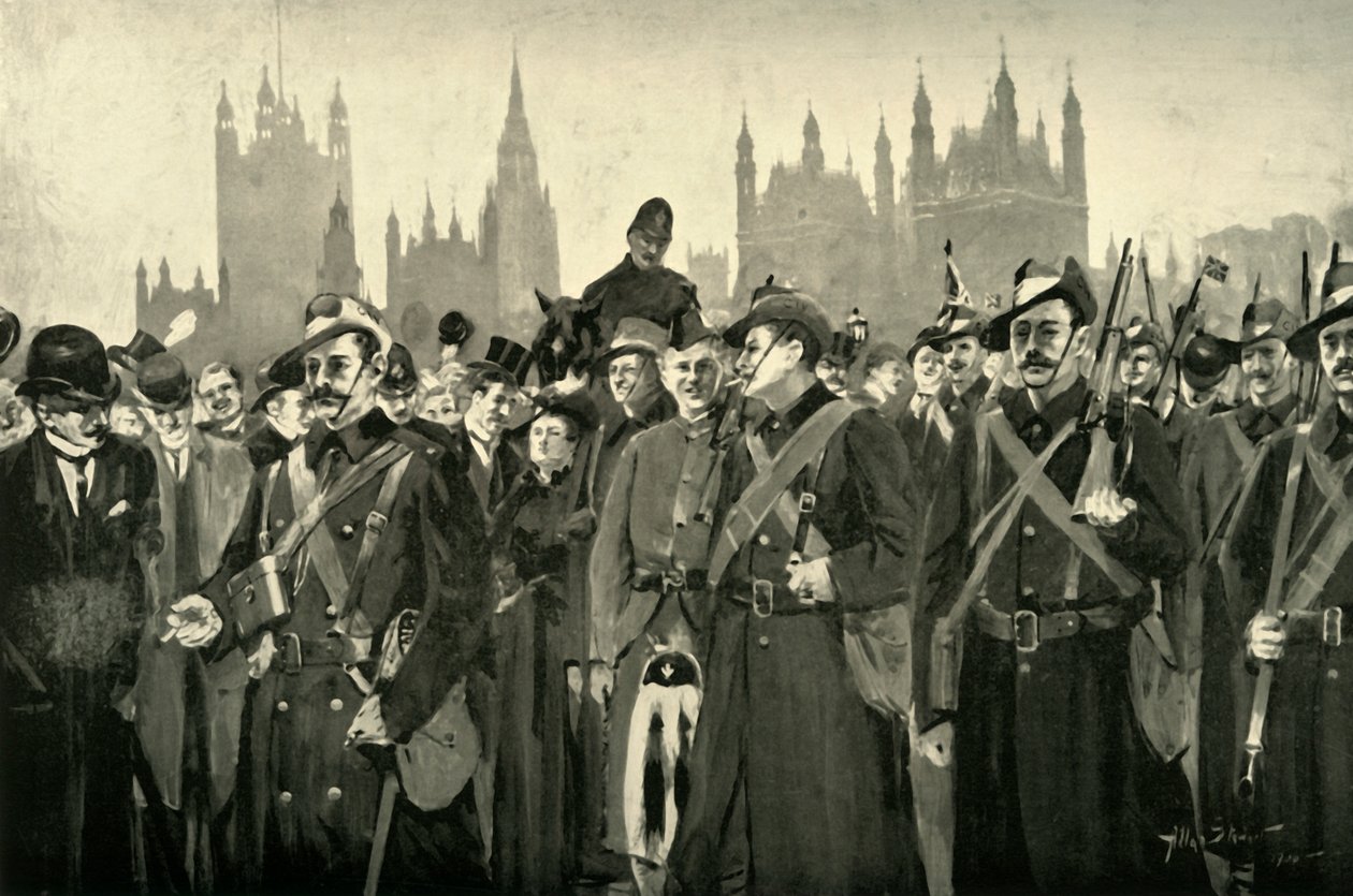 La réponse de Londres - Les volontaires impériaux de la ville traversant le pont de Westminster - Allan Stewart