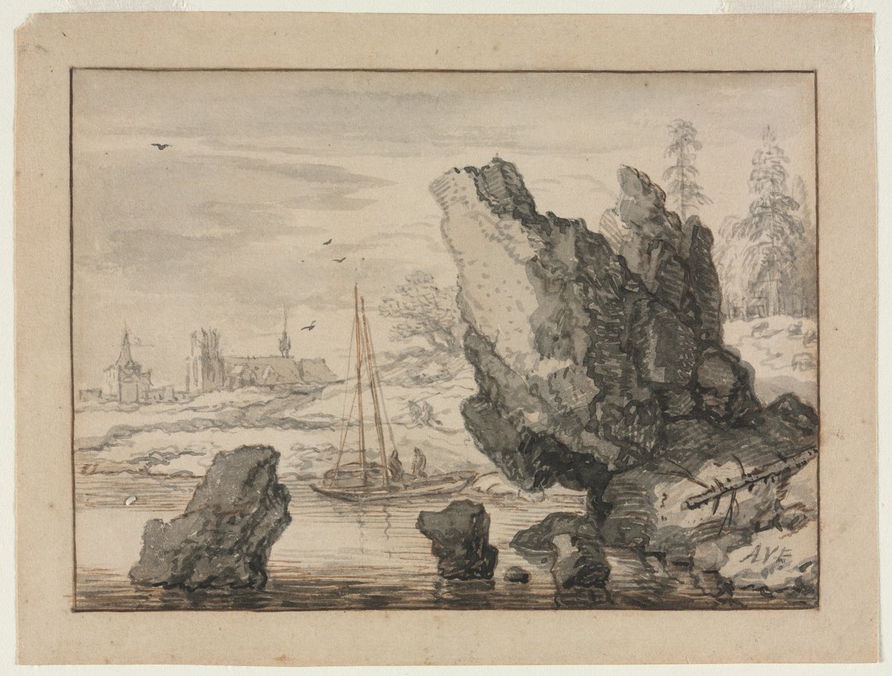Une crique rocheuse avec des bateaux de pêche - Allart van Everdingen