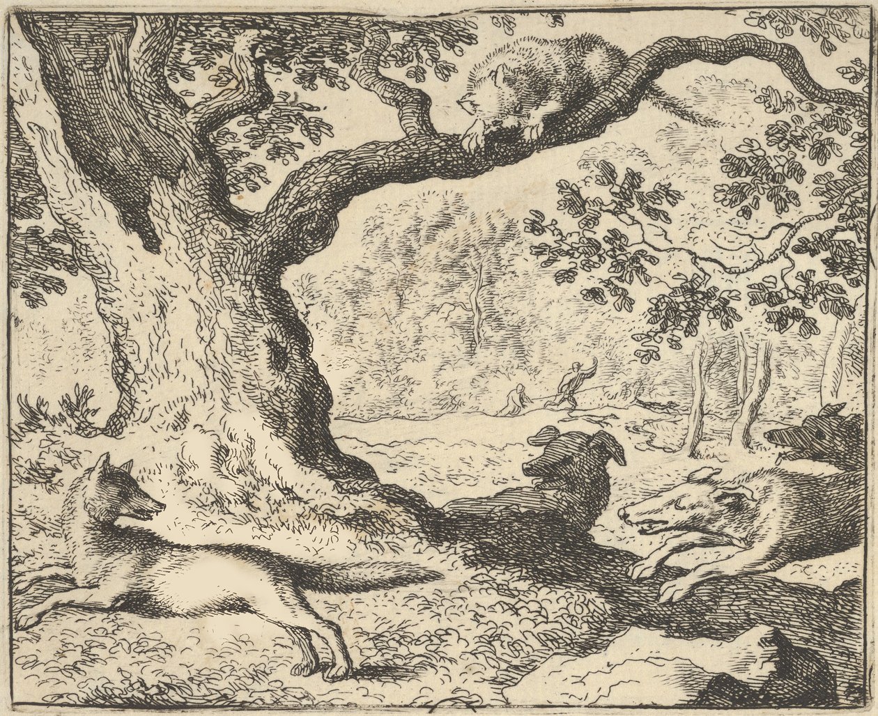 Suivant la fausse histoire de Renard, son père est chassé par des chiens de chasse de Hendrick van..., 1650-75 - Allart van Everdingen