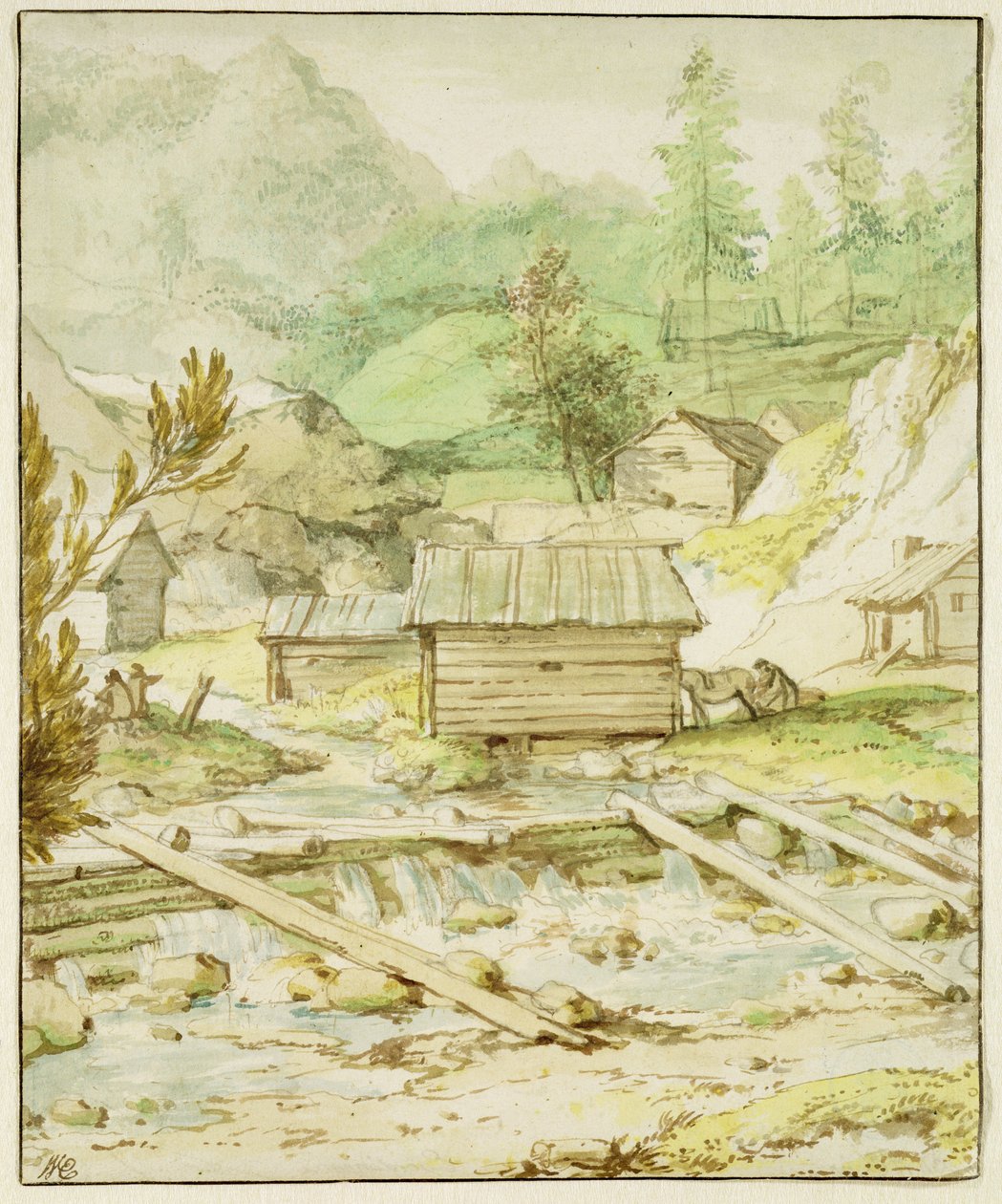 Paysage nordique avec cabane en bois et barrage - Allart van Everdingen