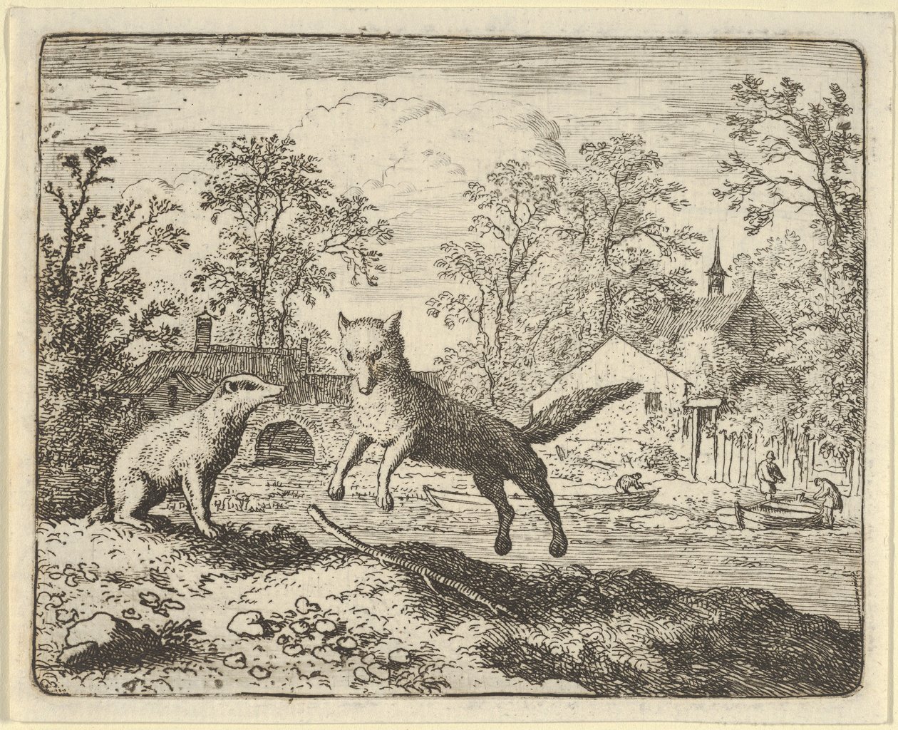 Le blaireau impose comme punition de sauter trois fois par-dessus un bâton au sol, 1650-75 - Allart van Everdingen