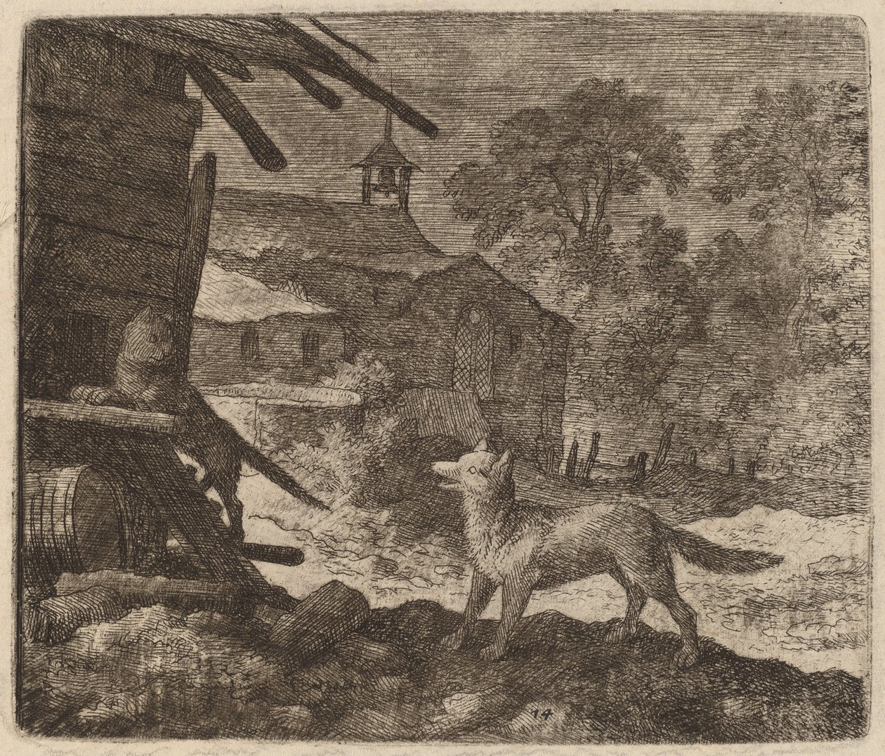 Le chat entre dans la grange tandis que Reynard regarde - Allart van Everdingen