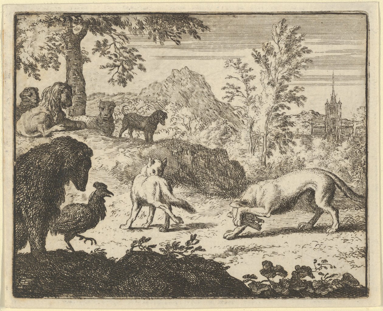 Le Lion permet un combat entre le loup et Renard - Allart van Everdingen