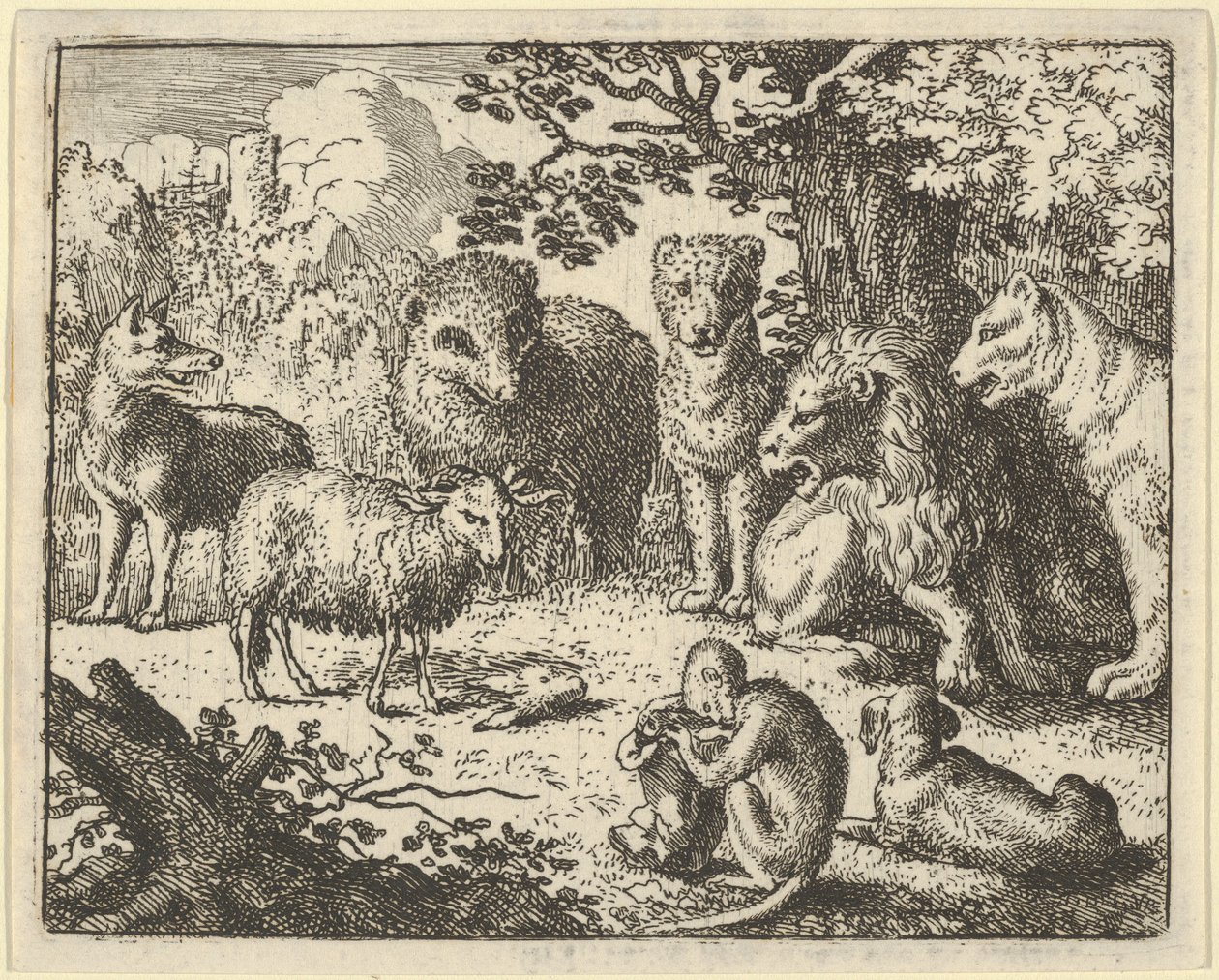 Le singe ouvre le paquet et enlève la tête du lapin à la grande surprise de..., 1650-75 - Allart van Everdingen